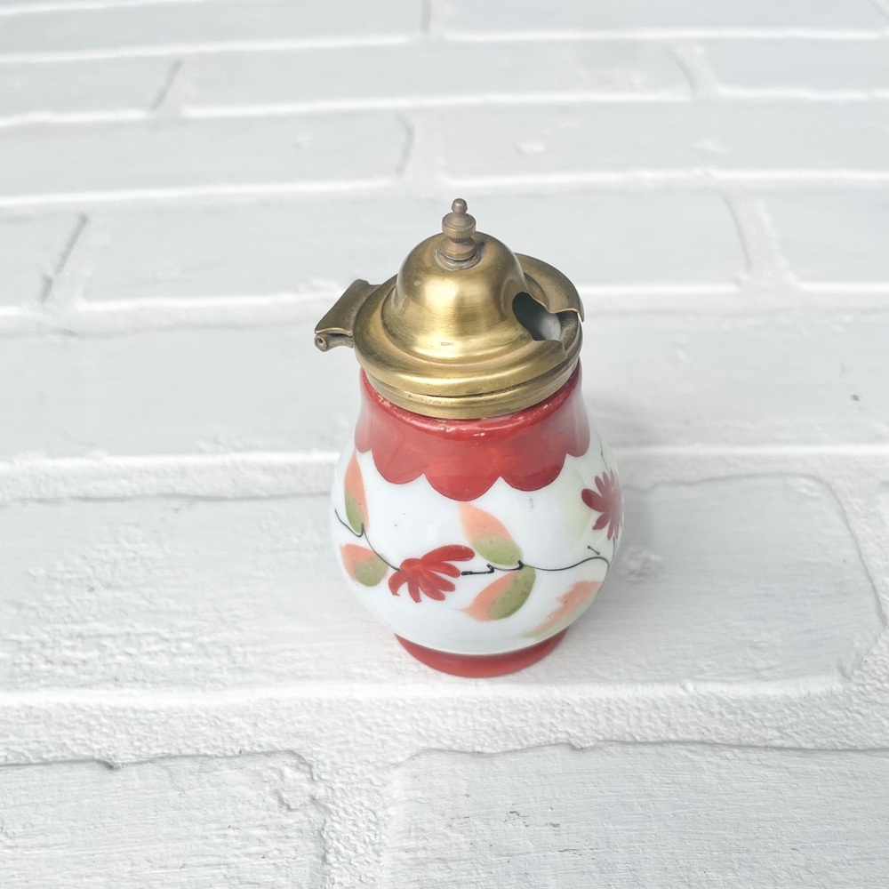 VINTAGE | White Milk Glass Hand Painted Floral Condiment Bottle